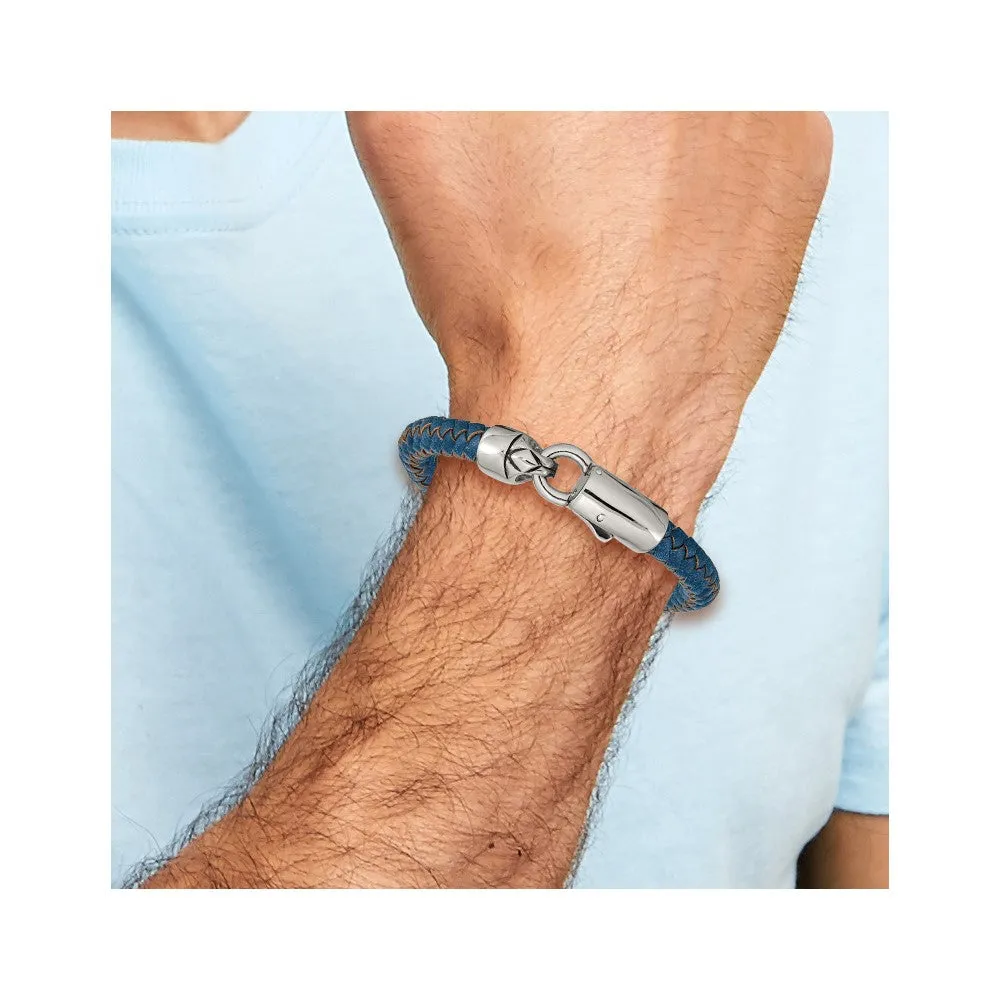 Chisel Stainless Steel Antiqued and Polished Blue Braided Leather 8.25 inch Bracelet