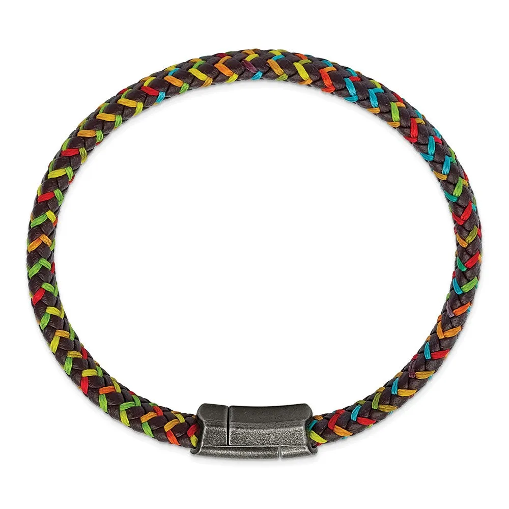 Chisel Stainless Steel Antiqued Braided Brown Leather and Multi-color Nylon 8.25 inch Bracelet