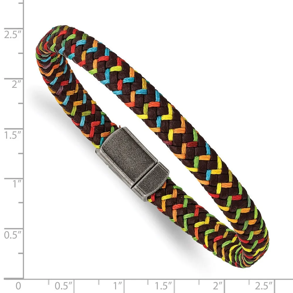 Chisel Stainless Steel Antiqued Braided Brown Leather and Multi-color Nylon 8.25 inch Bracelet