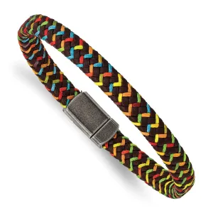 Chisel Stainless Steel Antiqued Braided Brown Leather and Multi-color Nylon 8.25 inch Bracelet