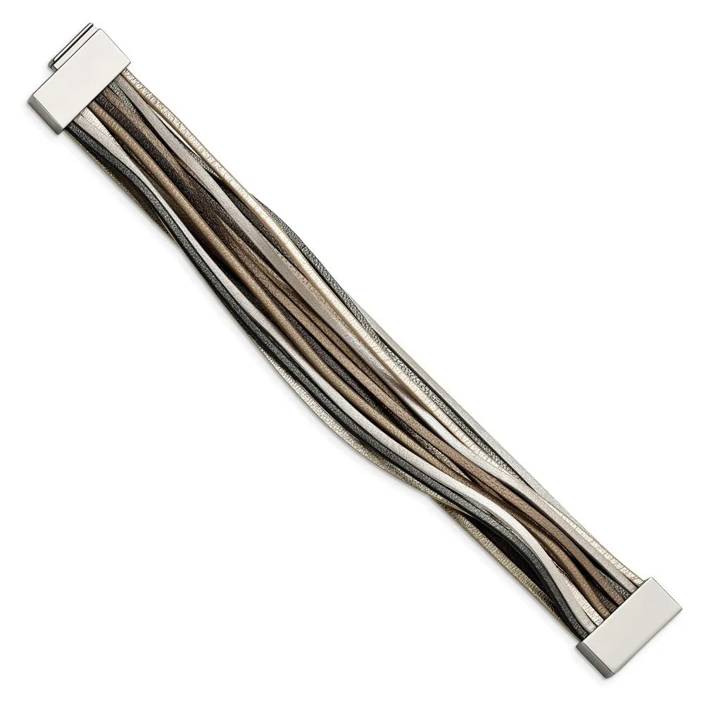 Chisel Stainless Steel Polished Multi-Strand Metallic Faux Leather 7.25 inch Bracelet