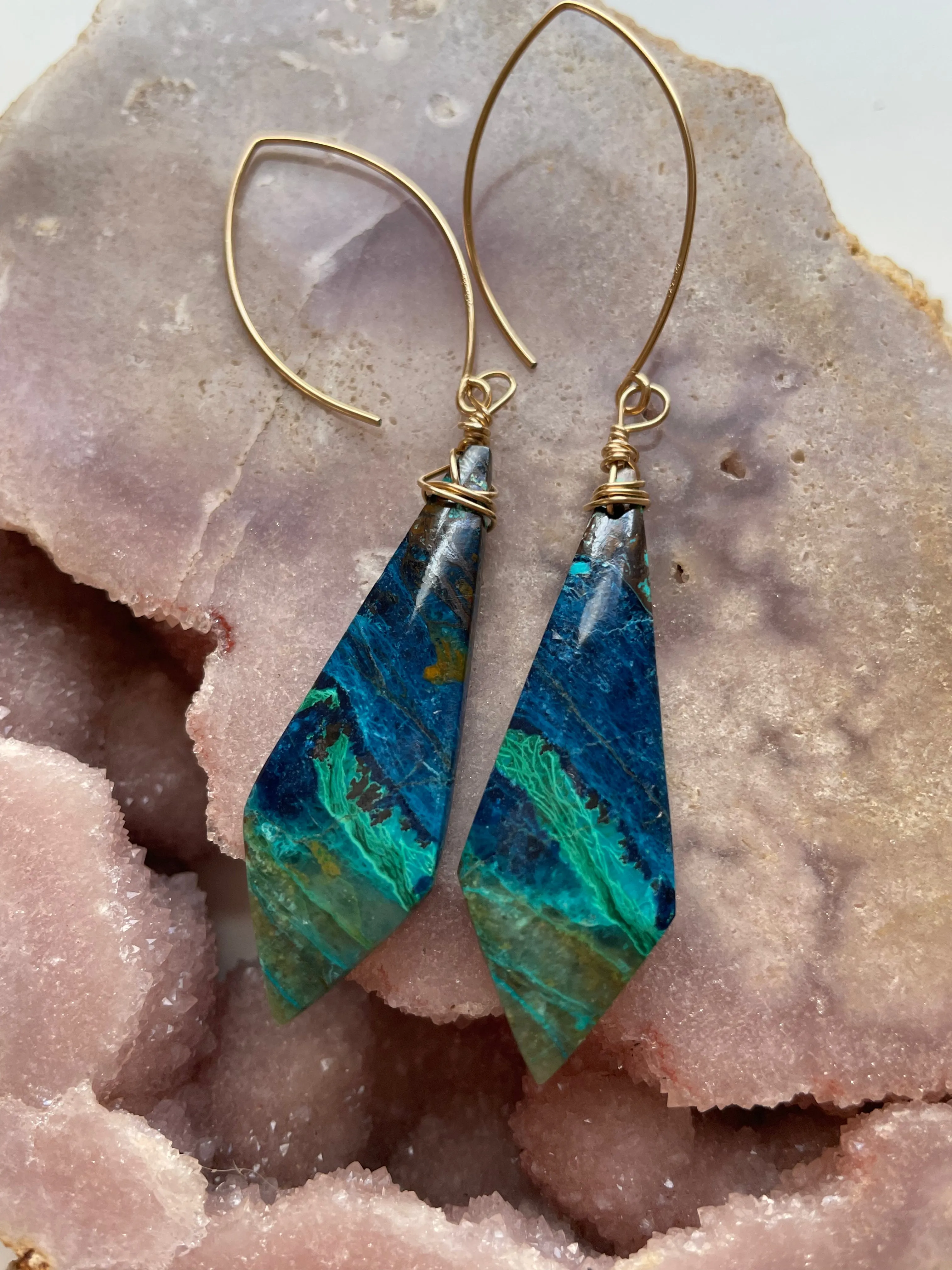 Chrysocolla Gold Filled Statement Crystal Gemstone Earrings