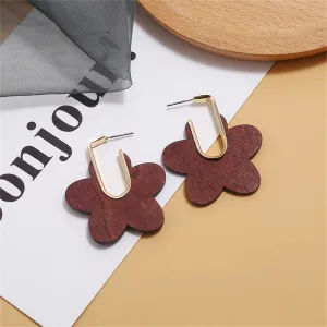 Coffee Wood & 18K Gold-Plated Flower Huggie Earrings