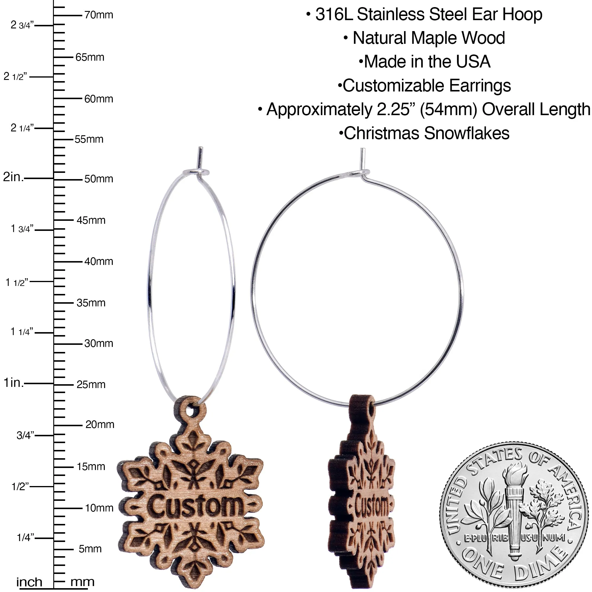 Custom Natural Wood Snowflake Personalized Hoop Earrings