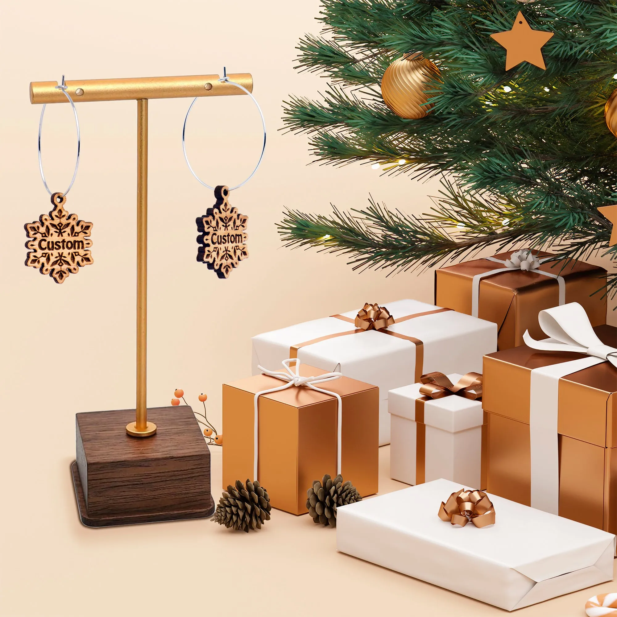 Custom Natural Wood Snowflake Personalized Hoop Earrings