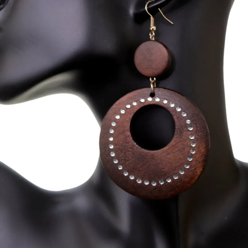 Dark Brown Wooden Gemstone Drop Hoop Earrings