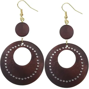 Dark Brown Wooden Gemstone Drop Hoop Earrings