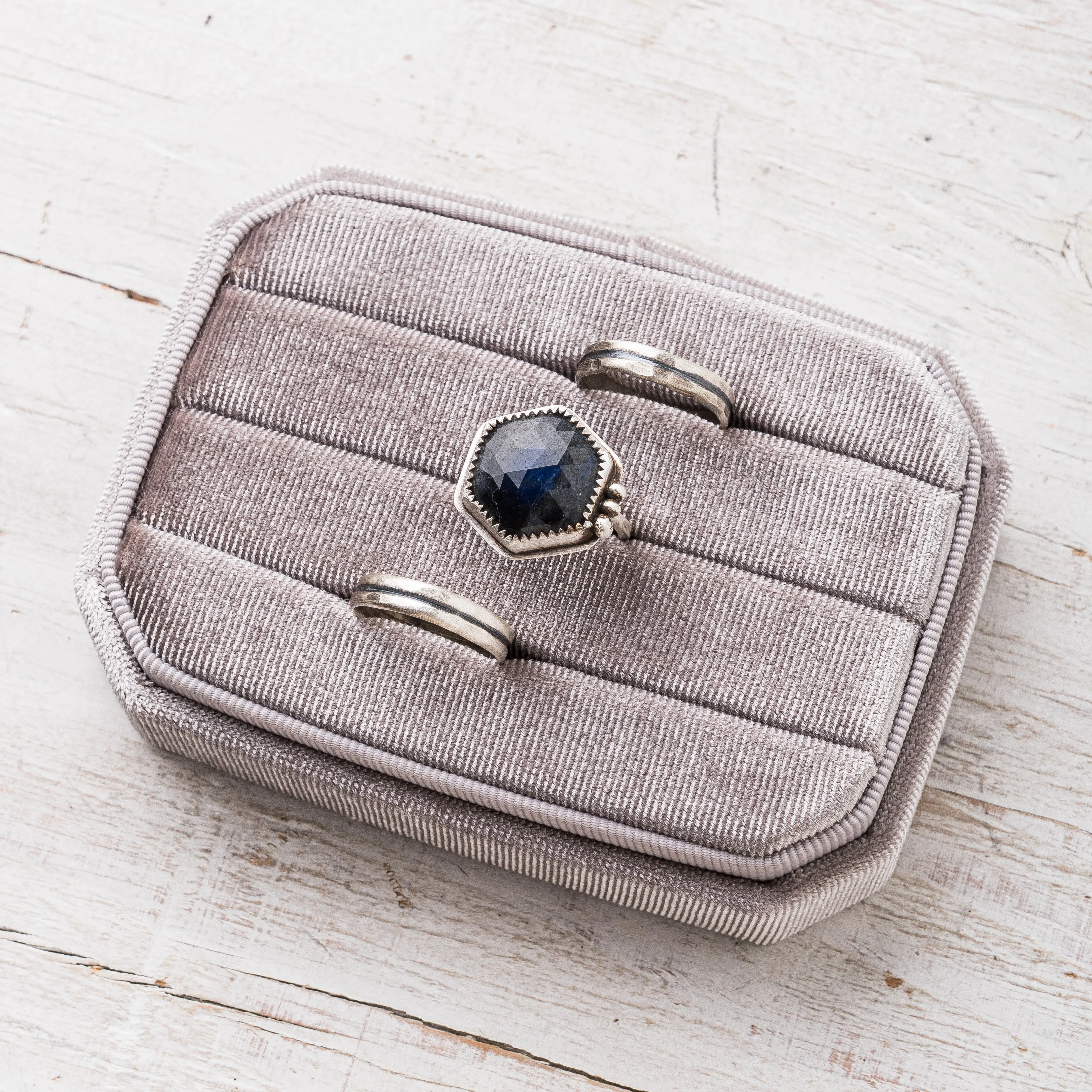 Deep Blue Labradorite Hex Ring with Serrated and Beaded Accents