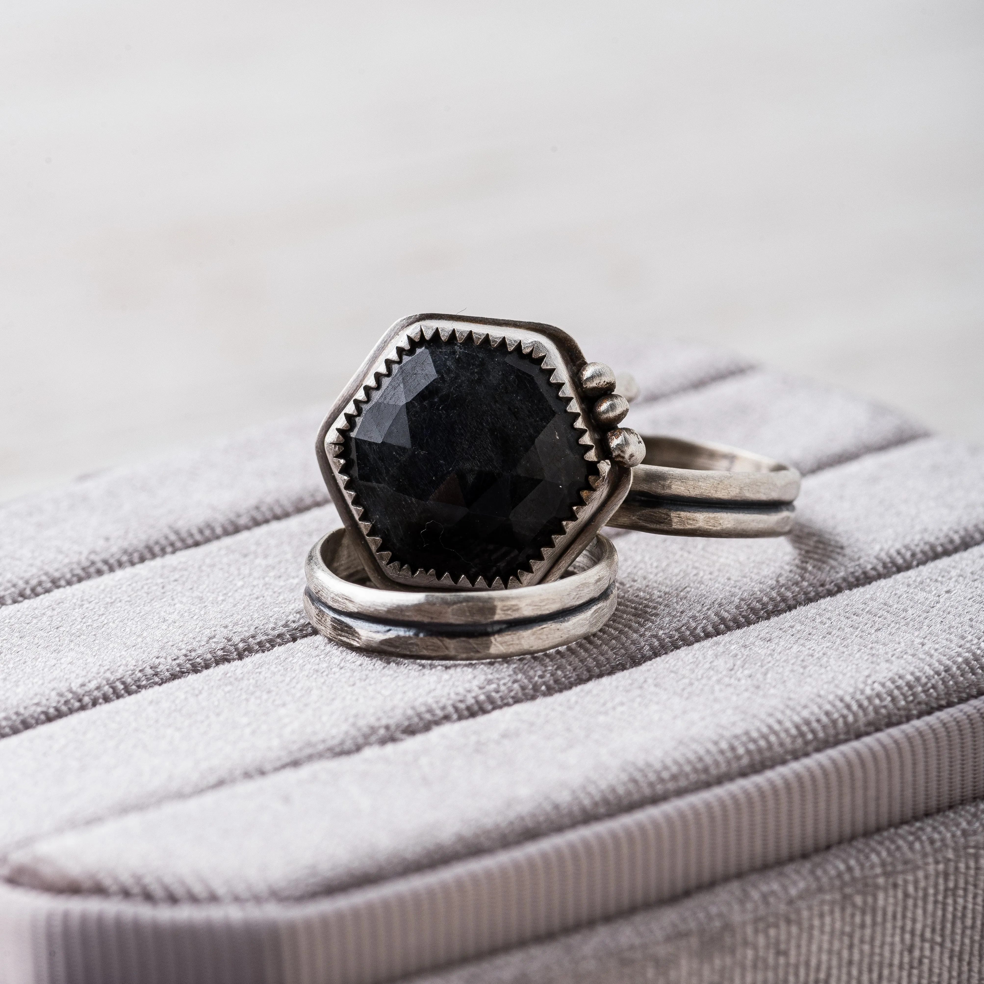 Deep Blue Labradorite Hex Ring with Serrated and Beaded Accents