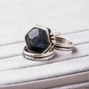 Deep Blue Labradorite Hex Ring with Serrated and Beaded Accents