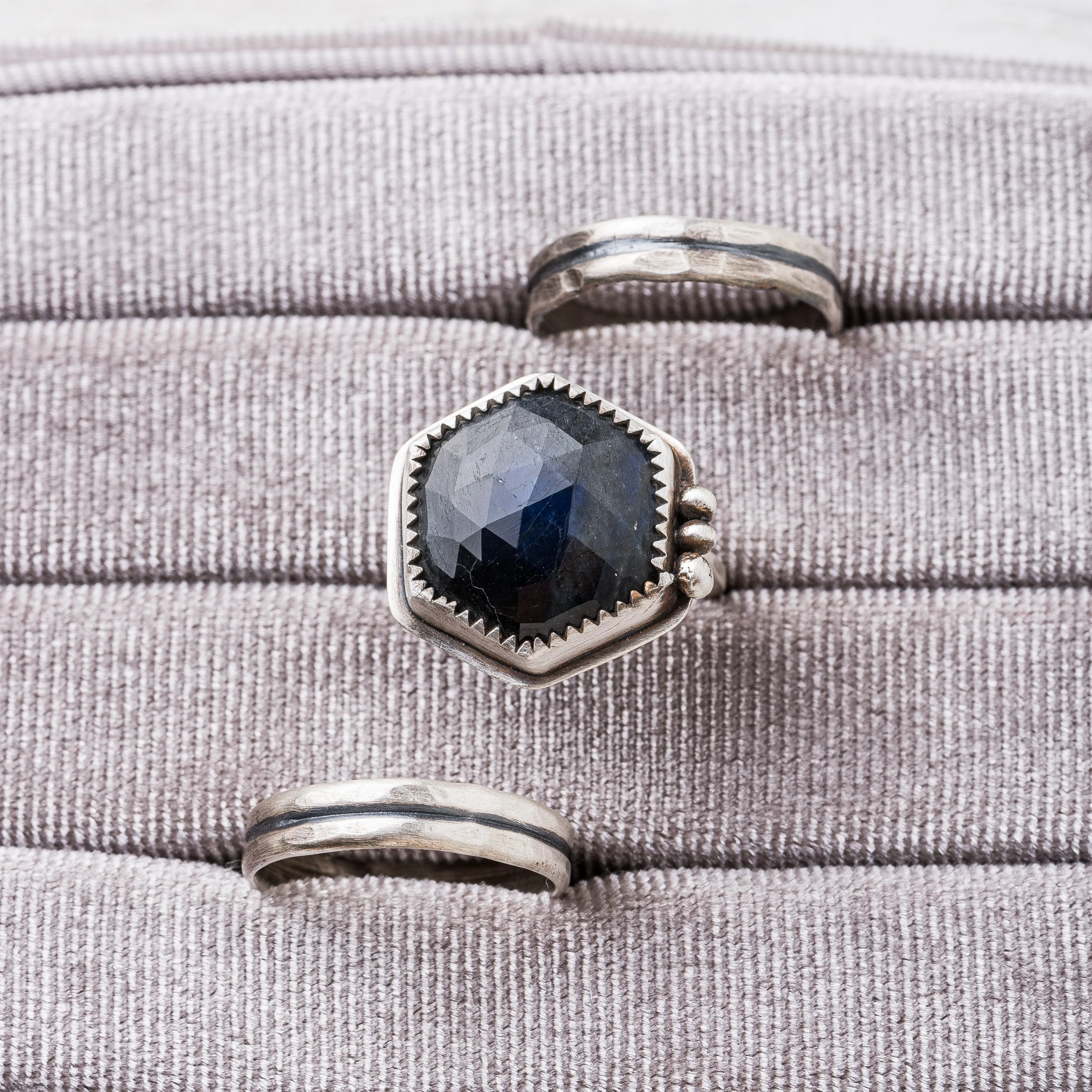 Deep Blue Labradorite Hex Ring with Serrated and Beaded Accents