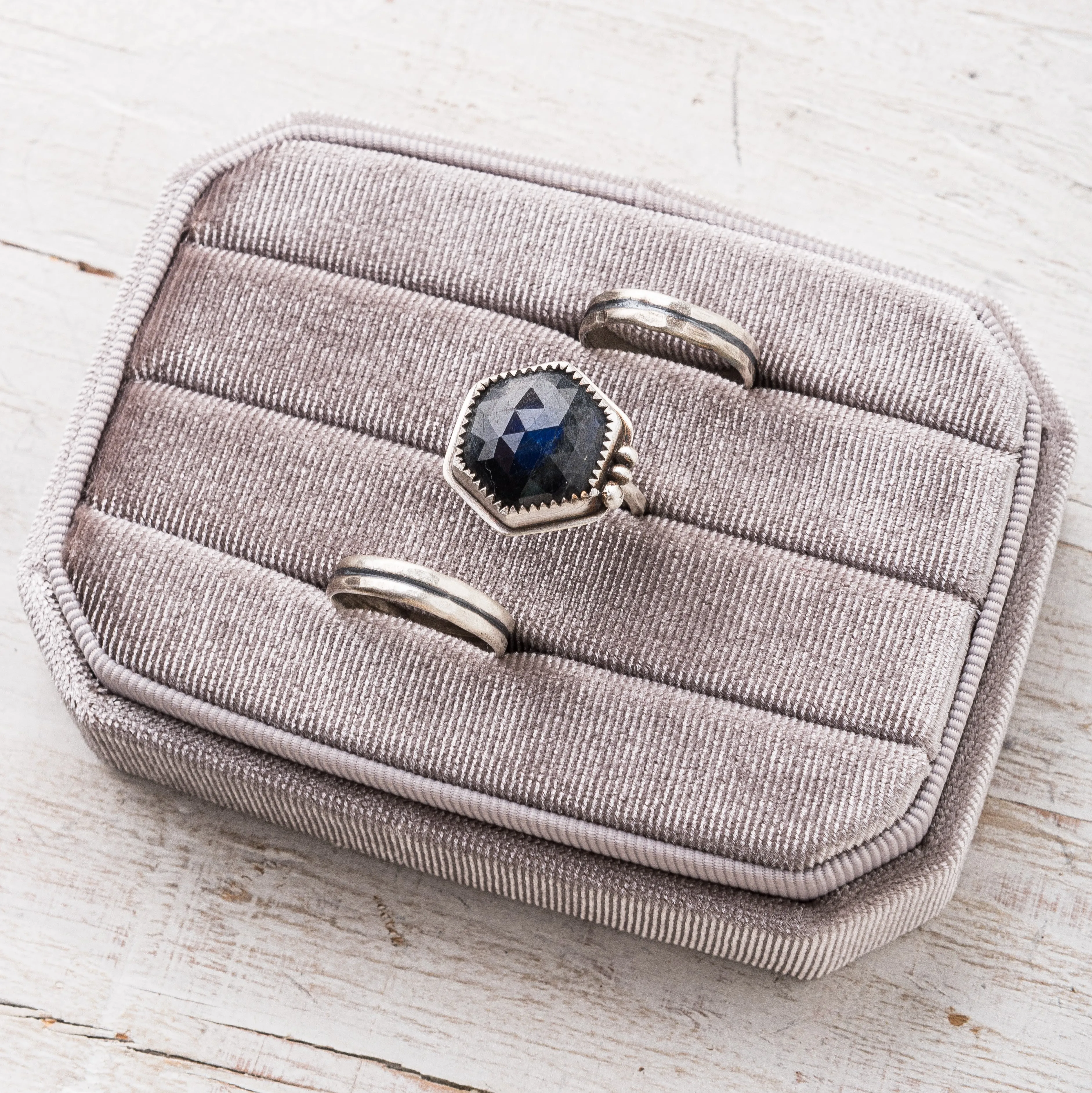 Deep Blue Labradorite Hex Ring with Serrated and Beaded Accents