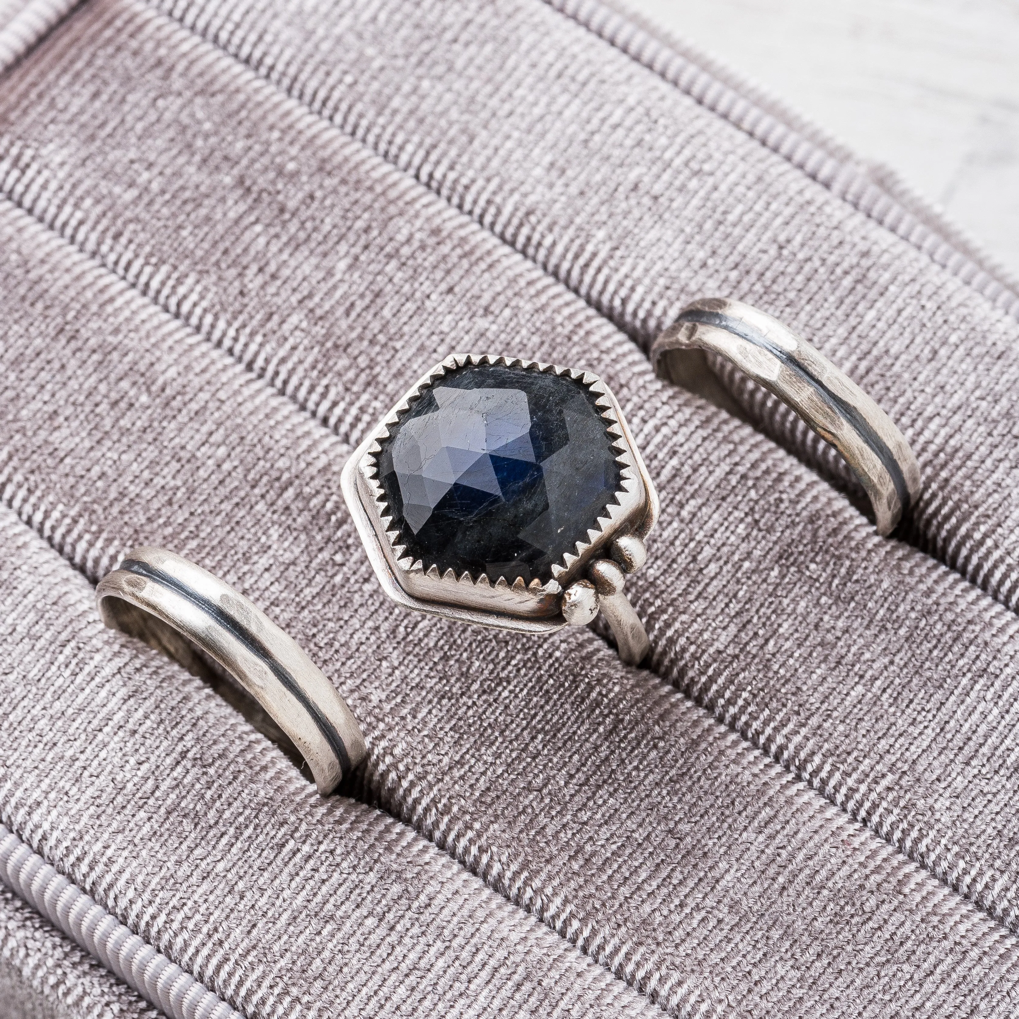 Deep Blue Labradorite Hex Ring with Serrated and Beaded Accents