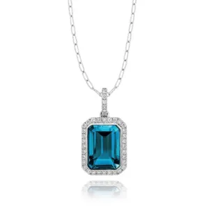 Doves 18KT White Gold Emerald Cut London Blue Topaz Pendant on 18" Chain