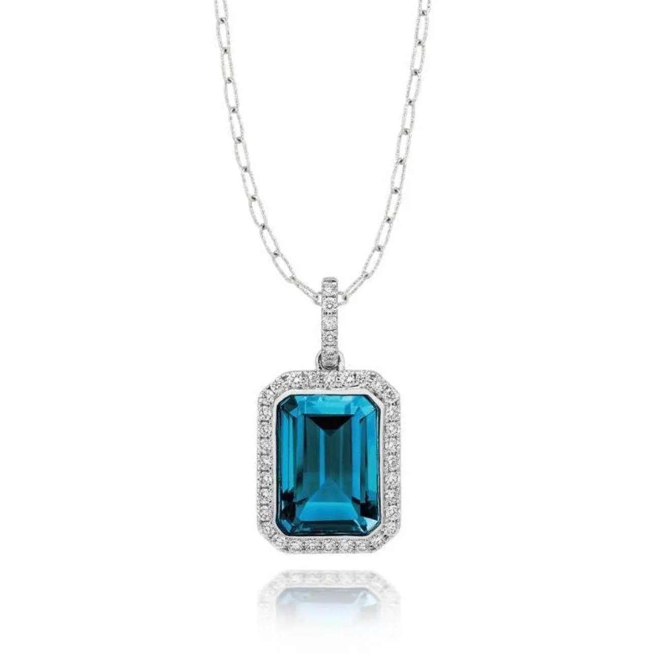 Doves 18KT White Gold Emerald Cut London Blue Topaz Pendant on 18" Chain