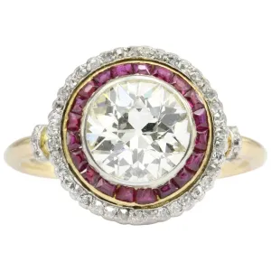 Edwardian 18K Gold Platinum Top Ruby & Old European Cut Diamond Ring