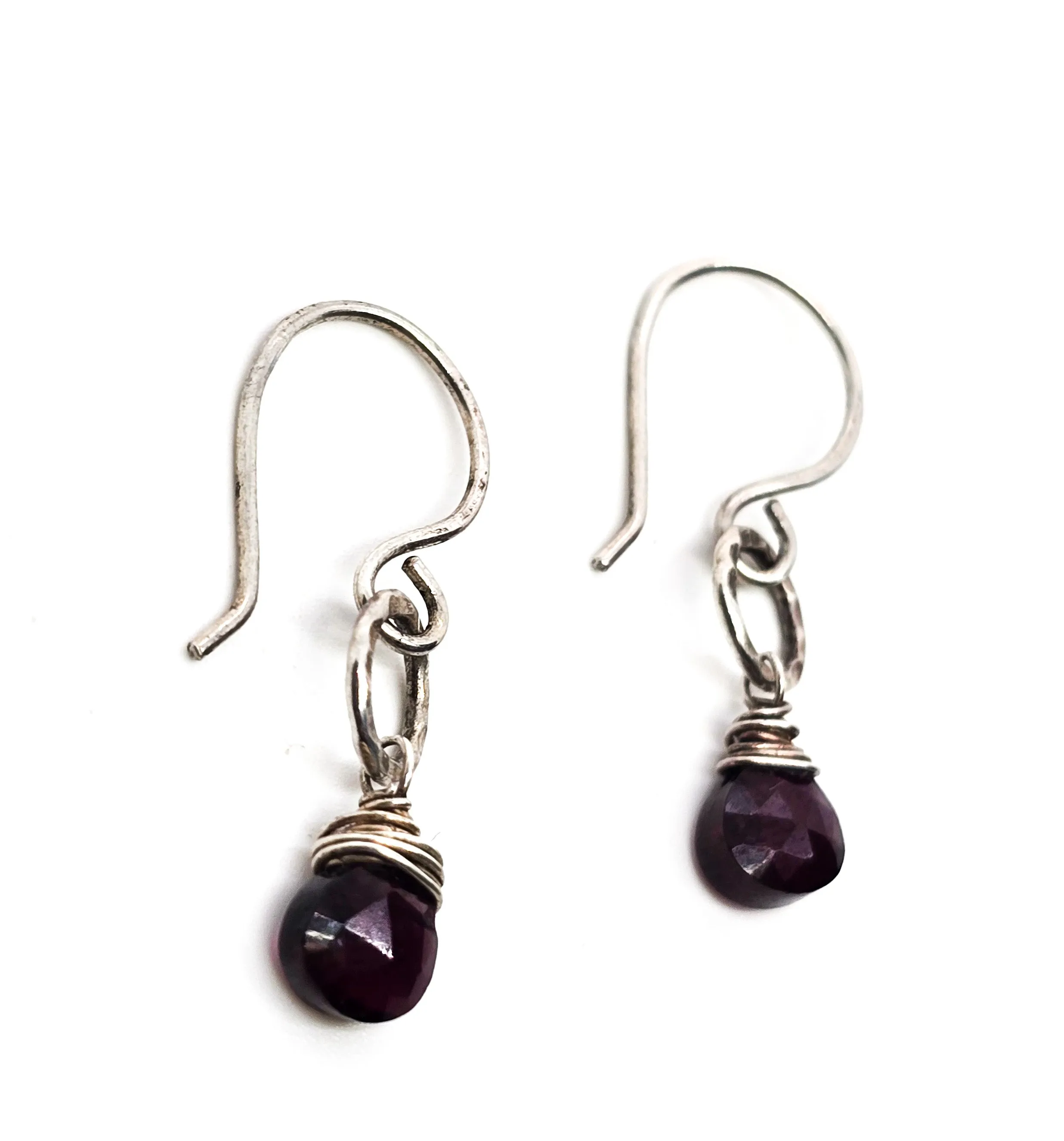 Garnet Artisan abstract faceted gemstone hammered sterling silver earrings