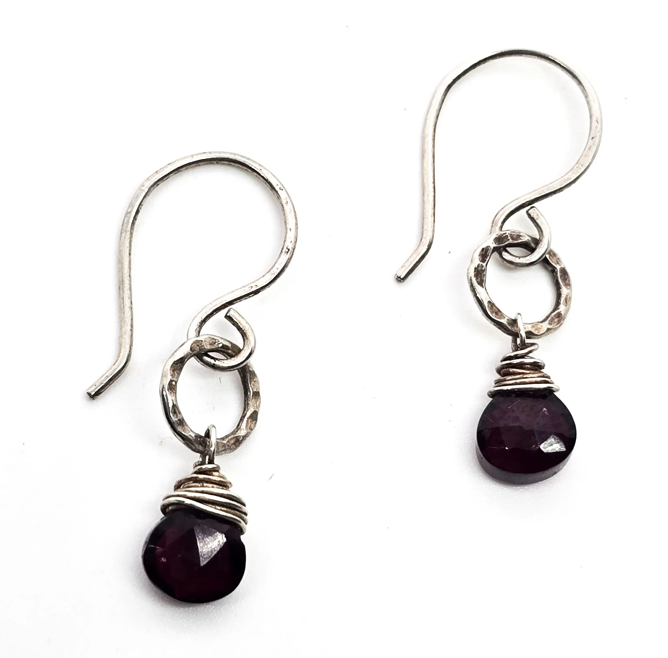 Garnet Artisan abstract faceted gemstone hammered sterling silver earrings