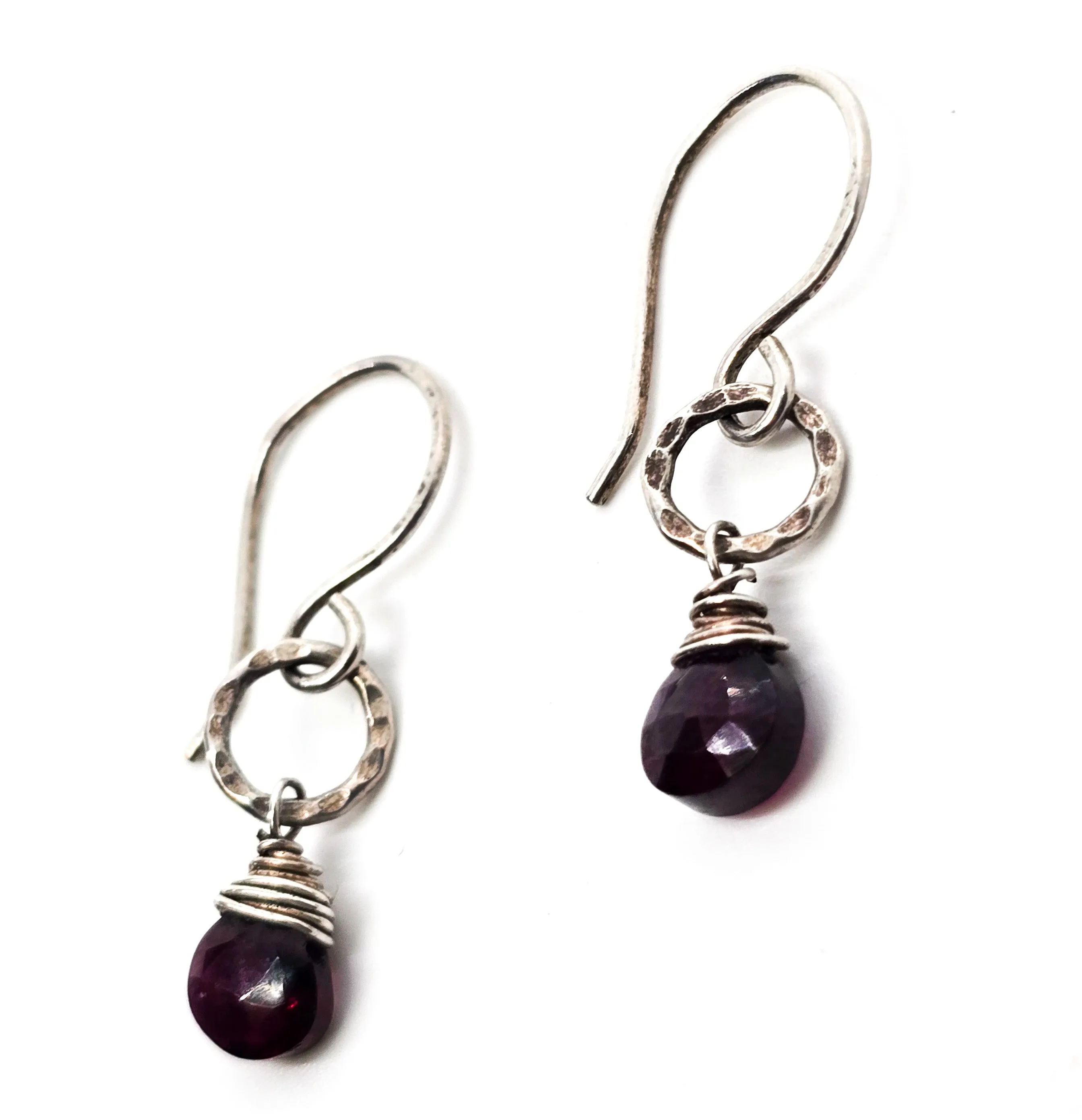 Garnet Artisan abstract faceted gemstone hammered sterling silver earrings