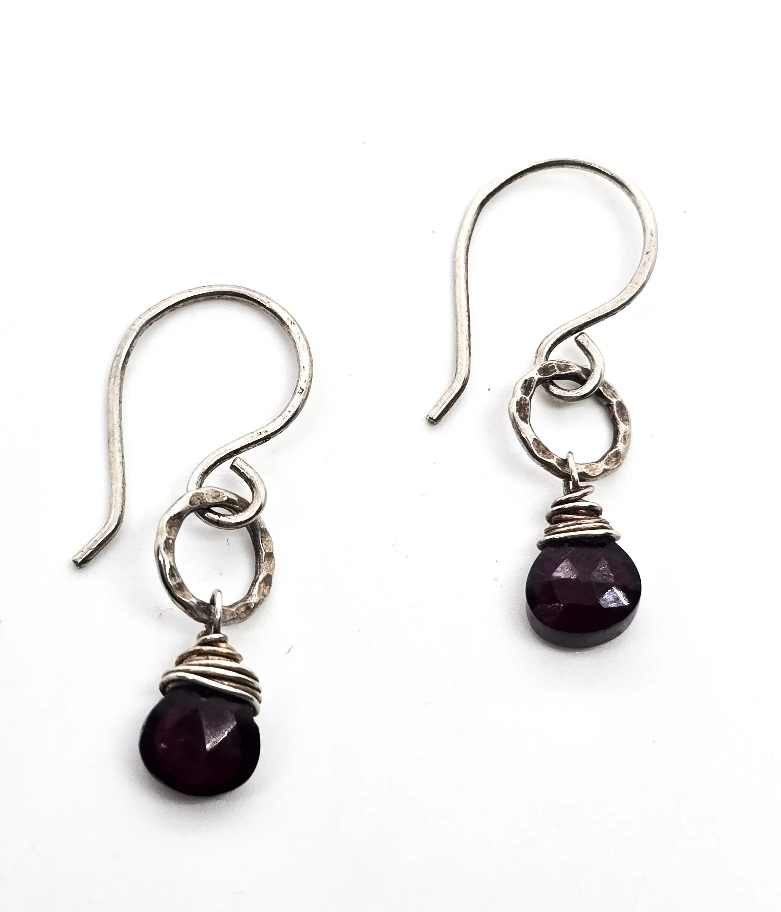 Garnet Artisan abstract faceted gemstone hammered sterling silver earrings