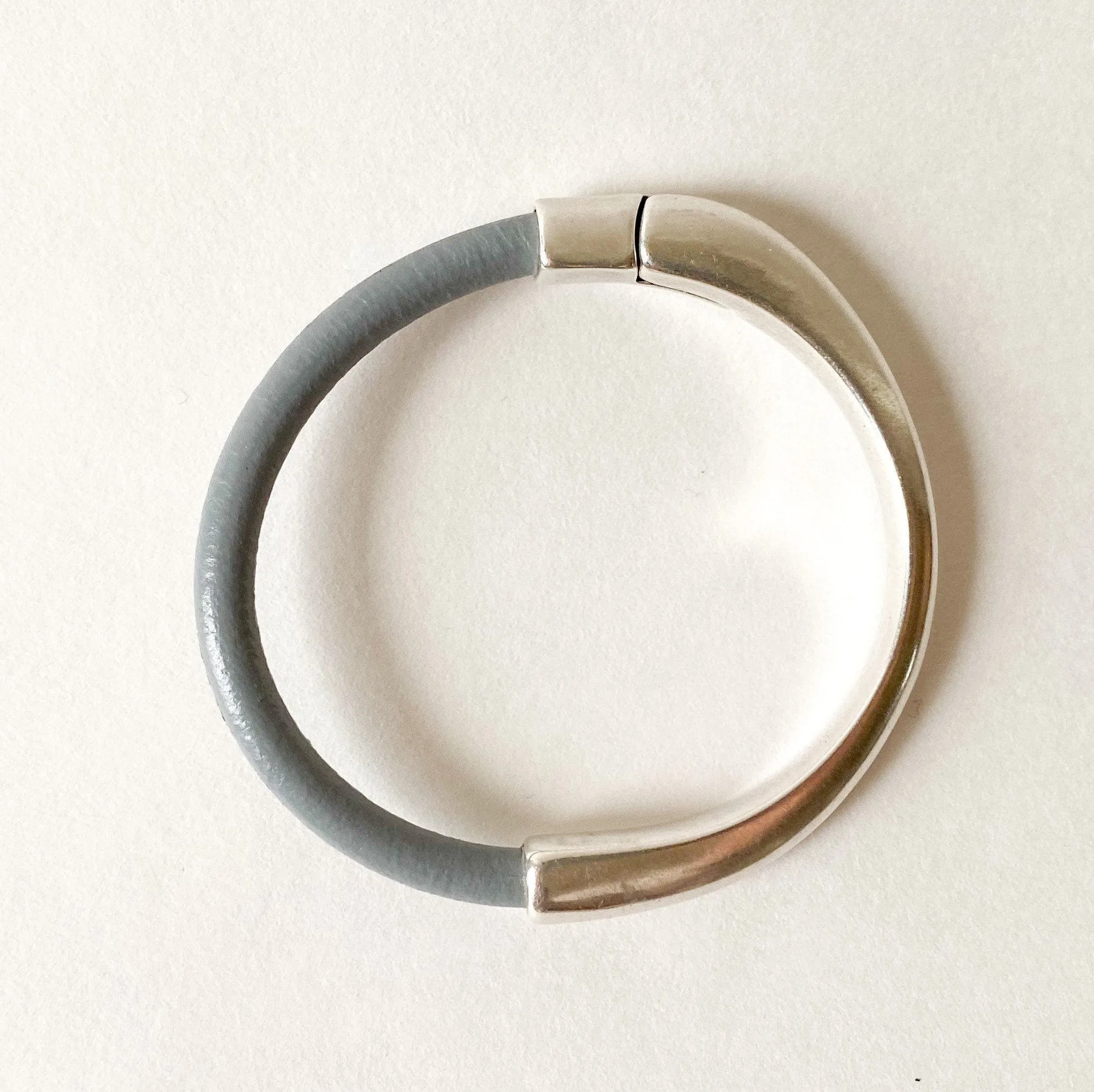 Gray Leather Bracelet for Women with Silver Half Cuff Magnetic Clasp, Medium Width