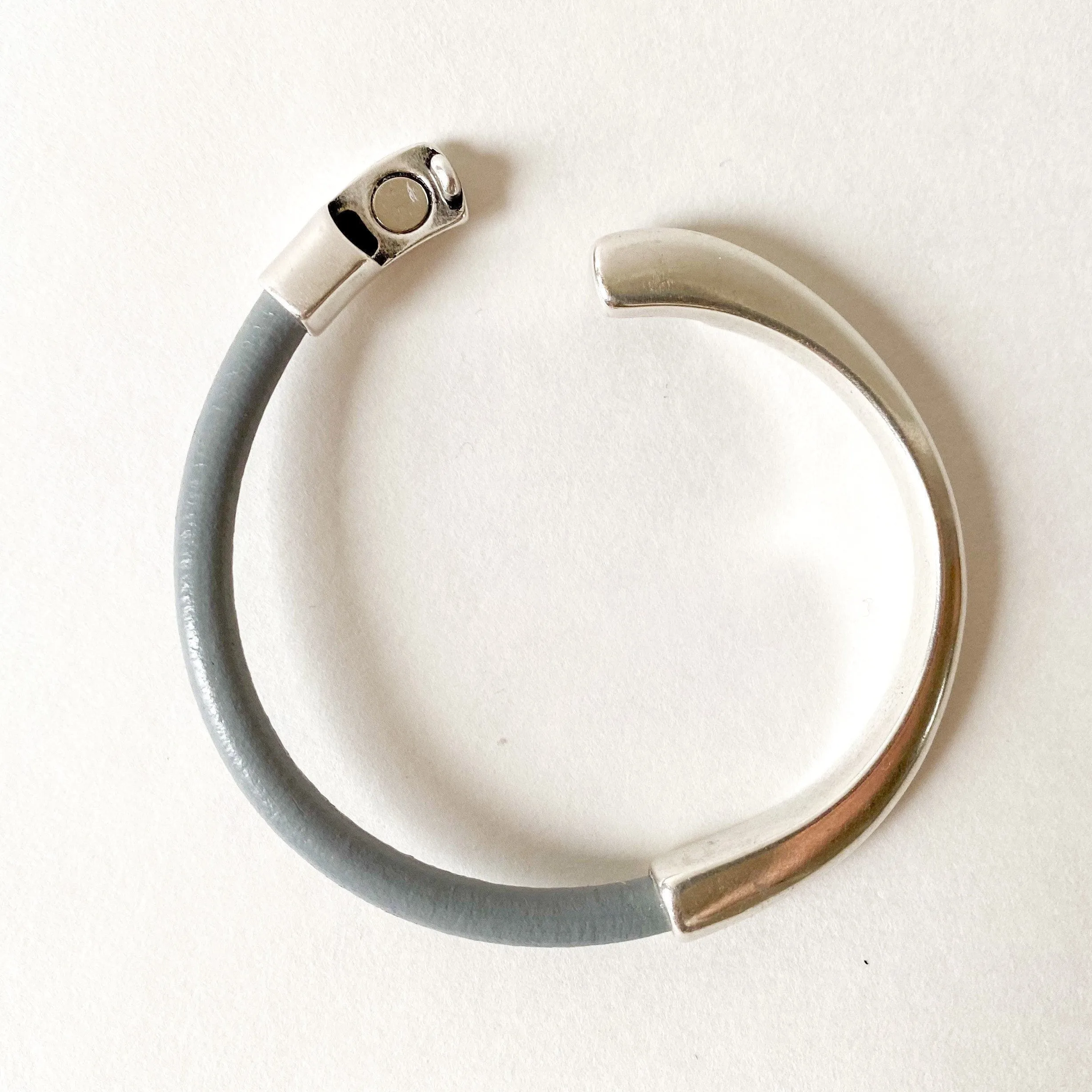 Gray Leather Bracelet for Women with Silver Half Cuff Magnetic Clasp, Medium Width