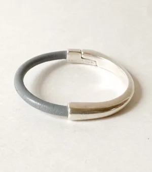 Gray Leather Bracelet for Women with Silver Half Cuff Magnetic Clasp, Medium Width