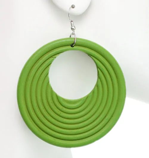 Green Wooden Circular Roll Texture Dangle Earrings