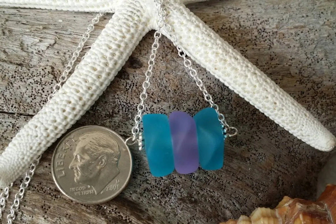 Handmade in Hawaii, Purple  blue sea glass necklace, Beach glass necklace,  gift box, Beach sea glass jewelry