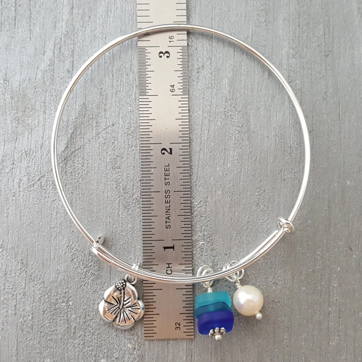 Handmade in Hawaii, "Blue Hawaii" sea glass bracelet, Hibiscus charm,  Sea glass jewelry, Mother's Day Gifts,Hawaiian jewelry.