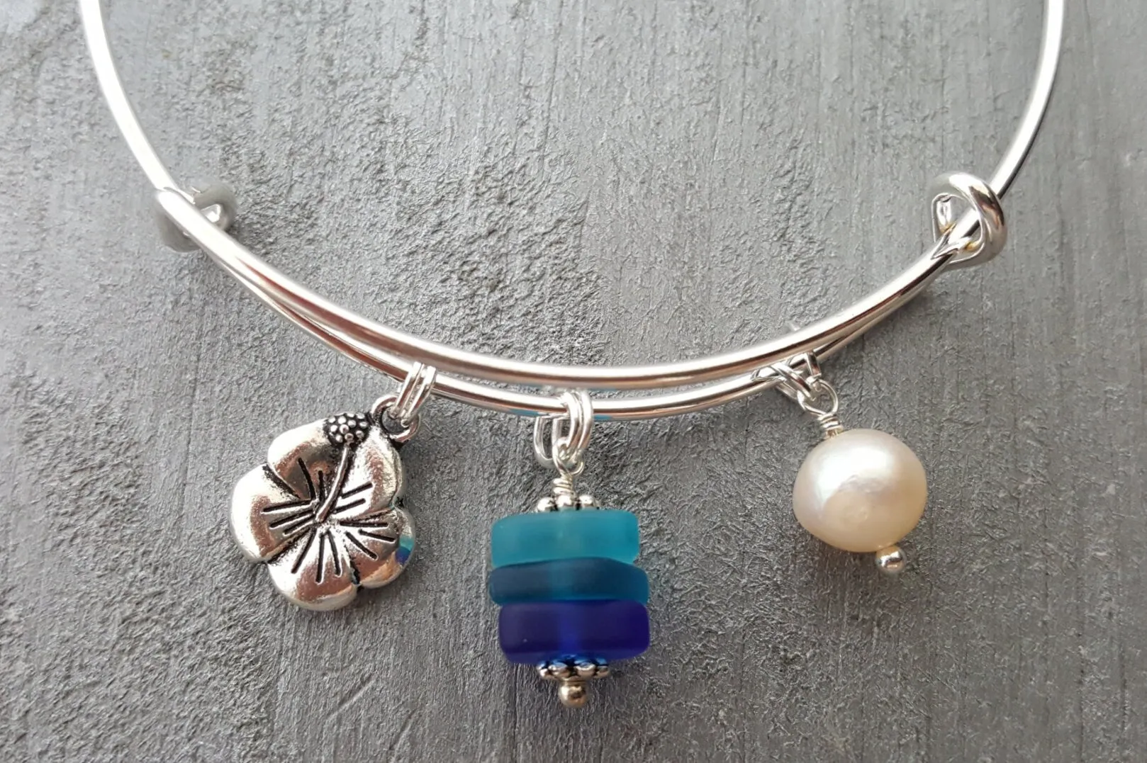 Handmade in Hawaii, "Blue Hawaii" sea glass bracelet, Hibiscus charm,  Sea glass jewelry, Mother's Day Gifts,Hawaiian jewelry.