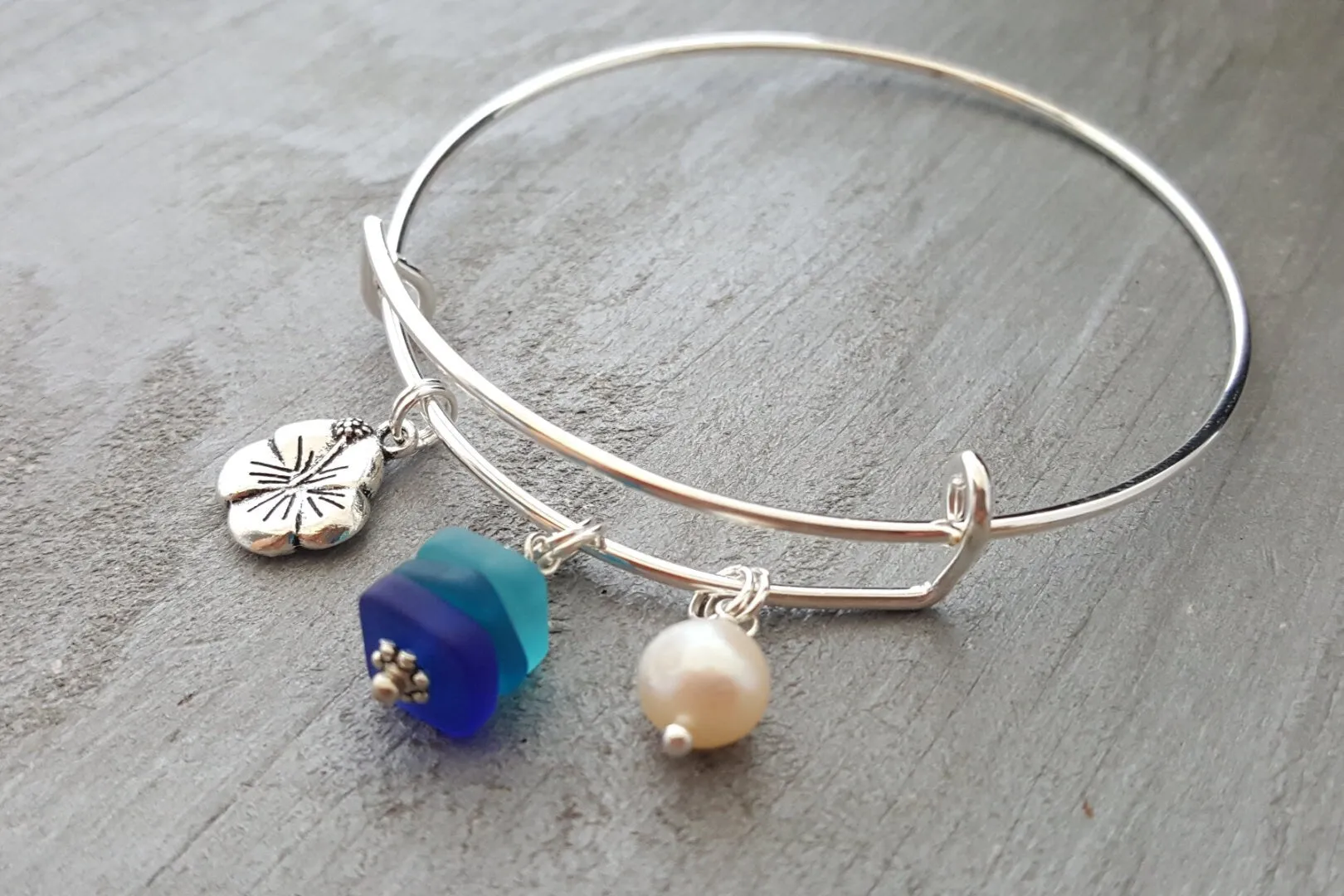 Handmade in Hawaii, "Blue Hawaii" sea glass bracelet, Hibiscus charm,  Sea glass jewelry, Mother's Day Gifts,Hawaiian jewelry.