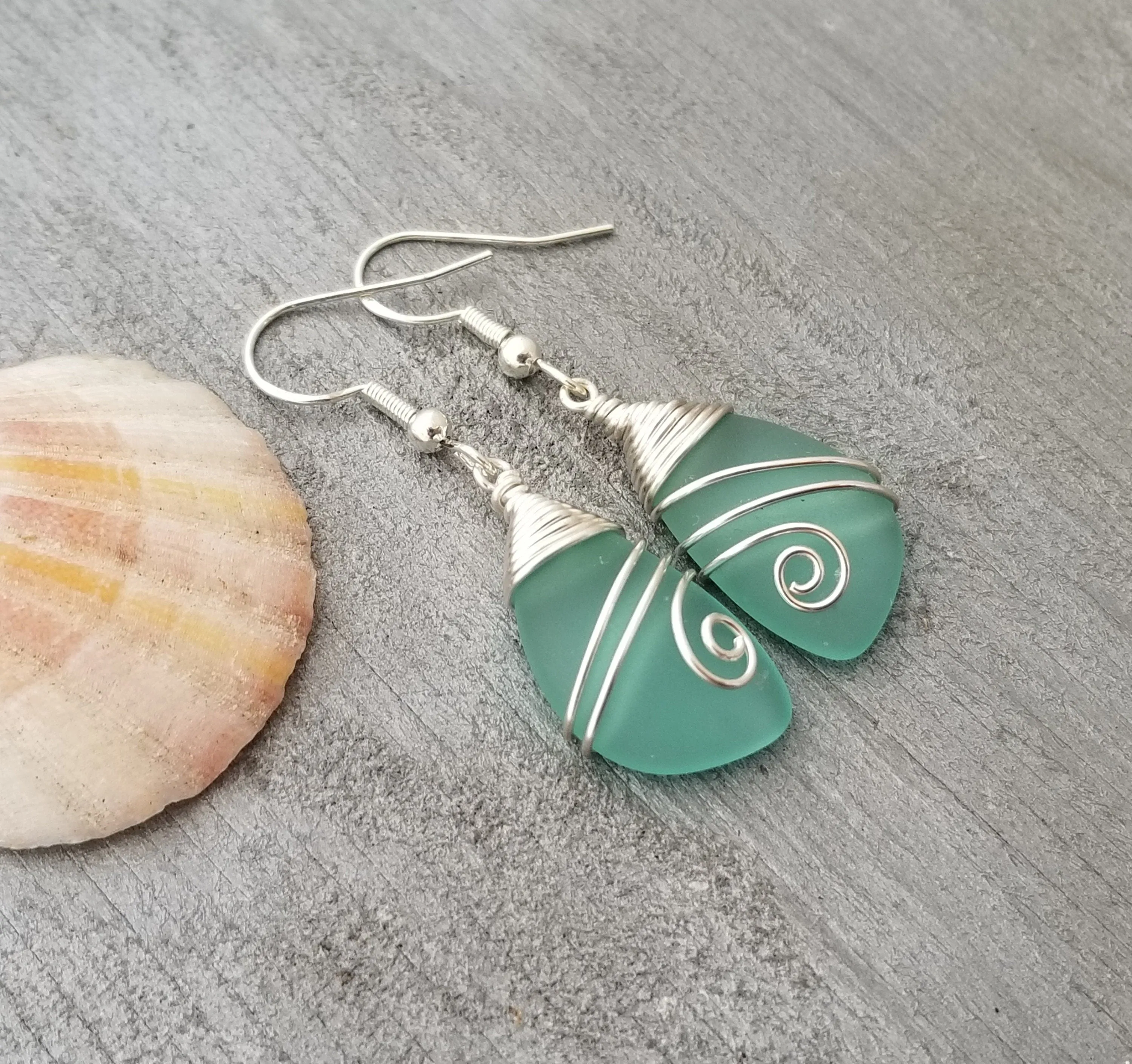 Handmade in Hawaii, TOP Wire wrapped Aqua  sea glass earrings, "Aqua Birthstone" (Hawaii Gift Wrapped, Customizable Gift Message)