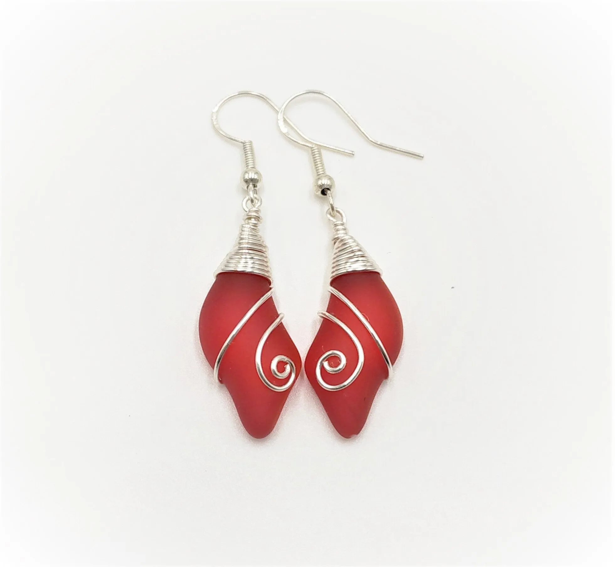 Hawaiian Jewelry Sea Glass Earrings, Wire Wave Earrings Ruby Red Earrings, Beach Sea Glass Jewelry Birthday Gift (July Birthstone Jewelry)