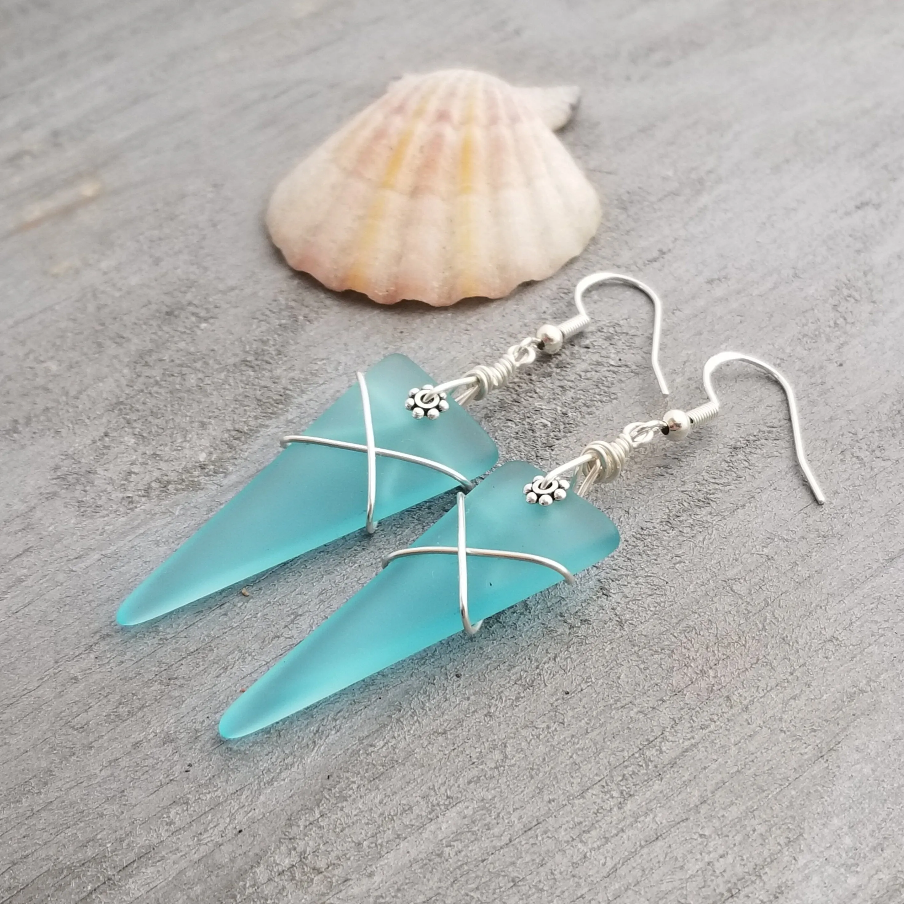 Hawaiian Jewelry Sea Glass Earrings, Wire Wrapped Arrowhead Earrings Turquoise Blue Earrings, Beach Birthday Gift (December Birthstone)
