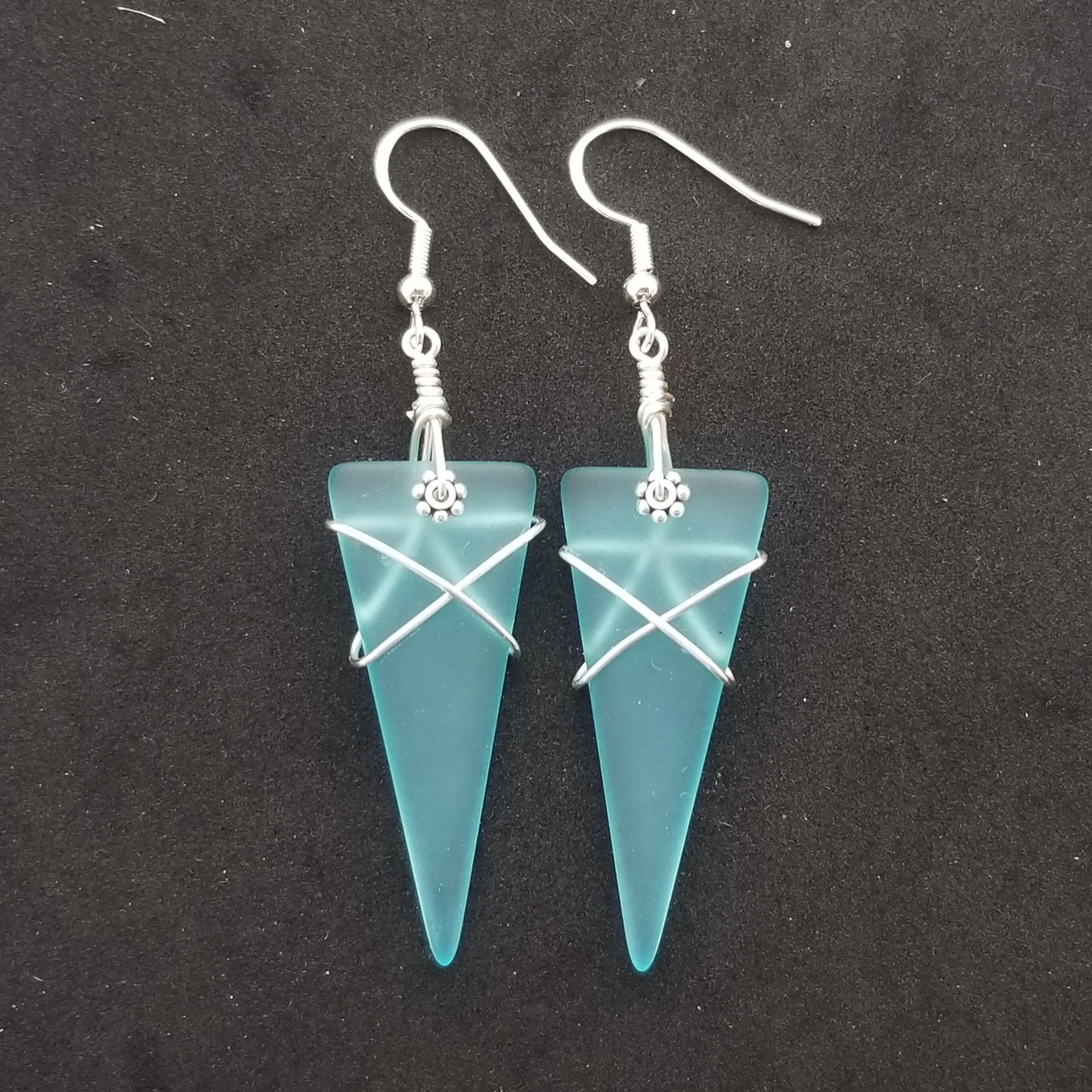 Hawaiian Jewelry Sea Glass Earrings, Wire Wrapped Arrowhead Earrings Turquoise Blue Earrings, Beach Birthday Gift (December Birthstone)