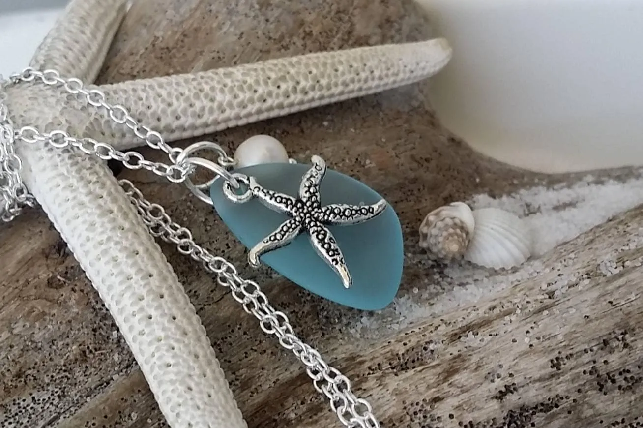 Hawaiian Jewelry Sea Glass Necklace, Starfish Necklace Turquoise Blue Necklace, Pearl Sea Glass Jewelry Birthday Gift (December Birthstone)