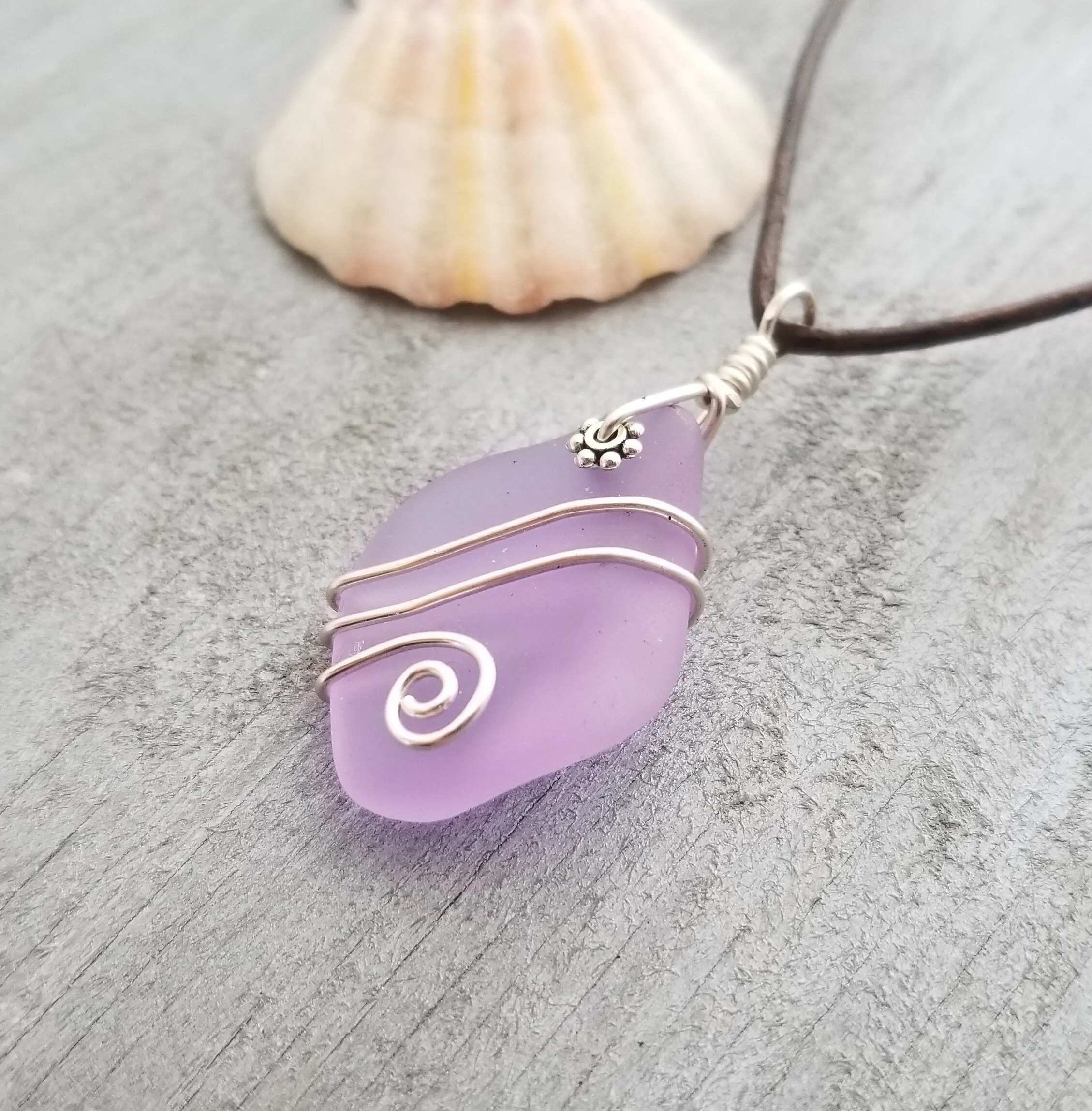 Hawaiian Jewelry Sea Glass Necklace, Wire "Magical Color Changing" Purple Necklace Leather Cord Necklace, Beach Jewelry(February Birthstone)
