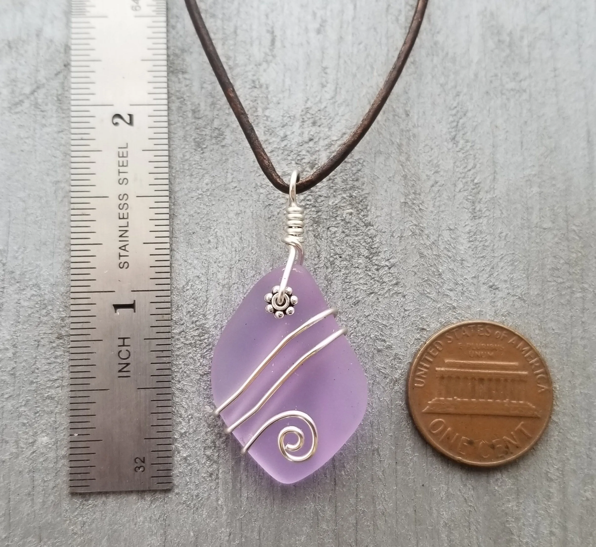 Hawaiian Jewelry Sea Glass Necklace, Wire "Magical Color Changing" Purple Necklace Leather Cord Necklace, Beach Jewelry(February Birthstone)