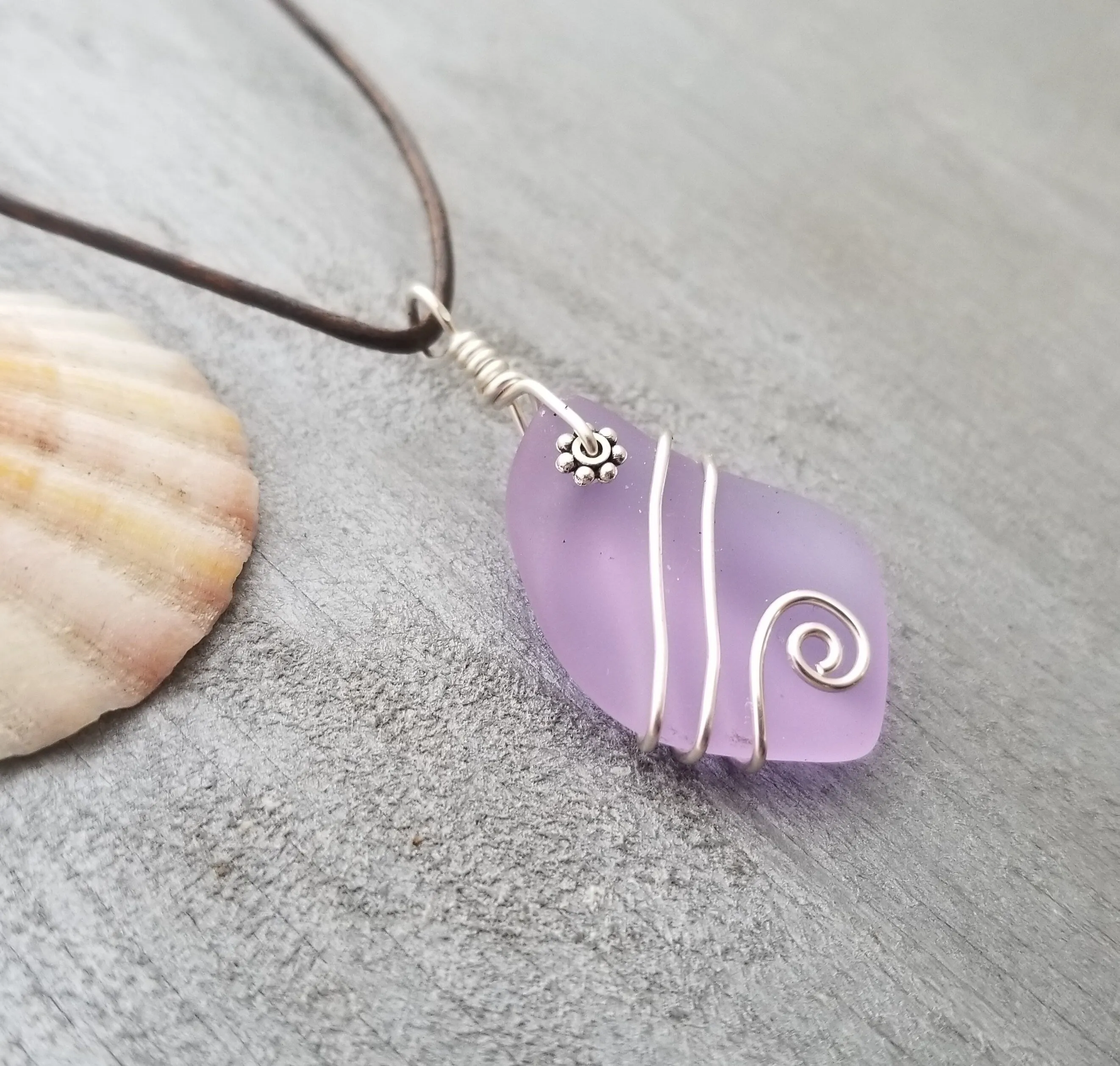 Hawaiian Jewelry Sea Glass Necklace, Wire "Magical Color Changing" Purple Necklace Leather Cord Necklace, Beach Jewelry(February Birthstone)