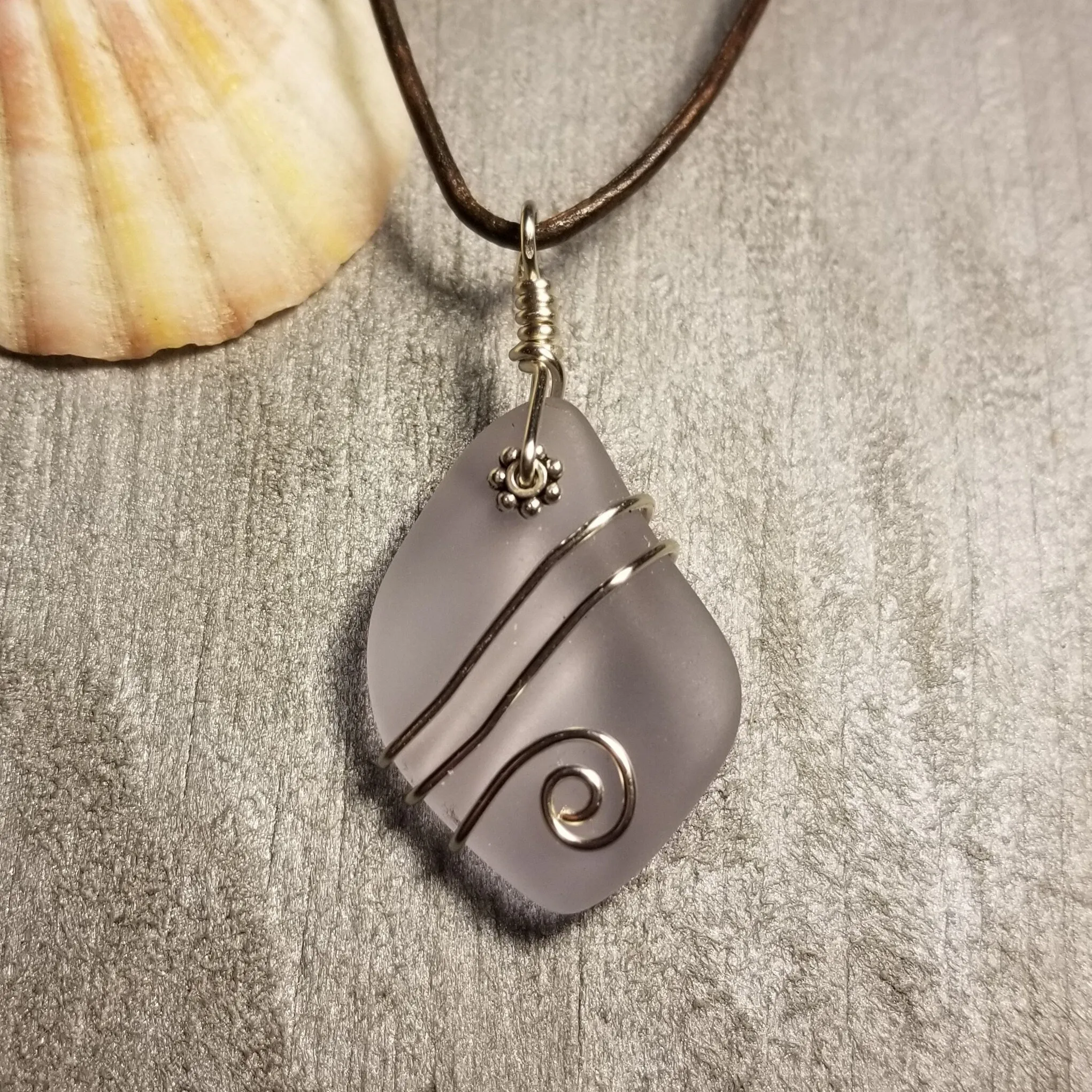 Hawaiian Jewelry Sea Glass Necklace, Wire "Magical Color Changing" Purple Necklace Leather Cord Necklace, Beach Jewelry(February Birthstone)