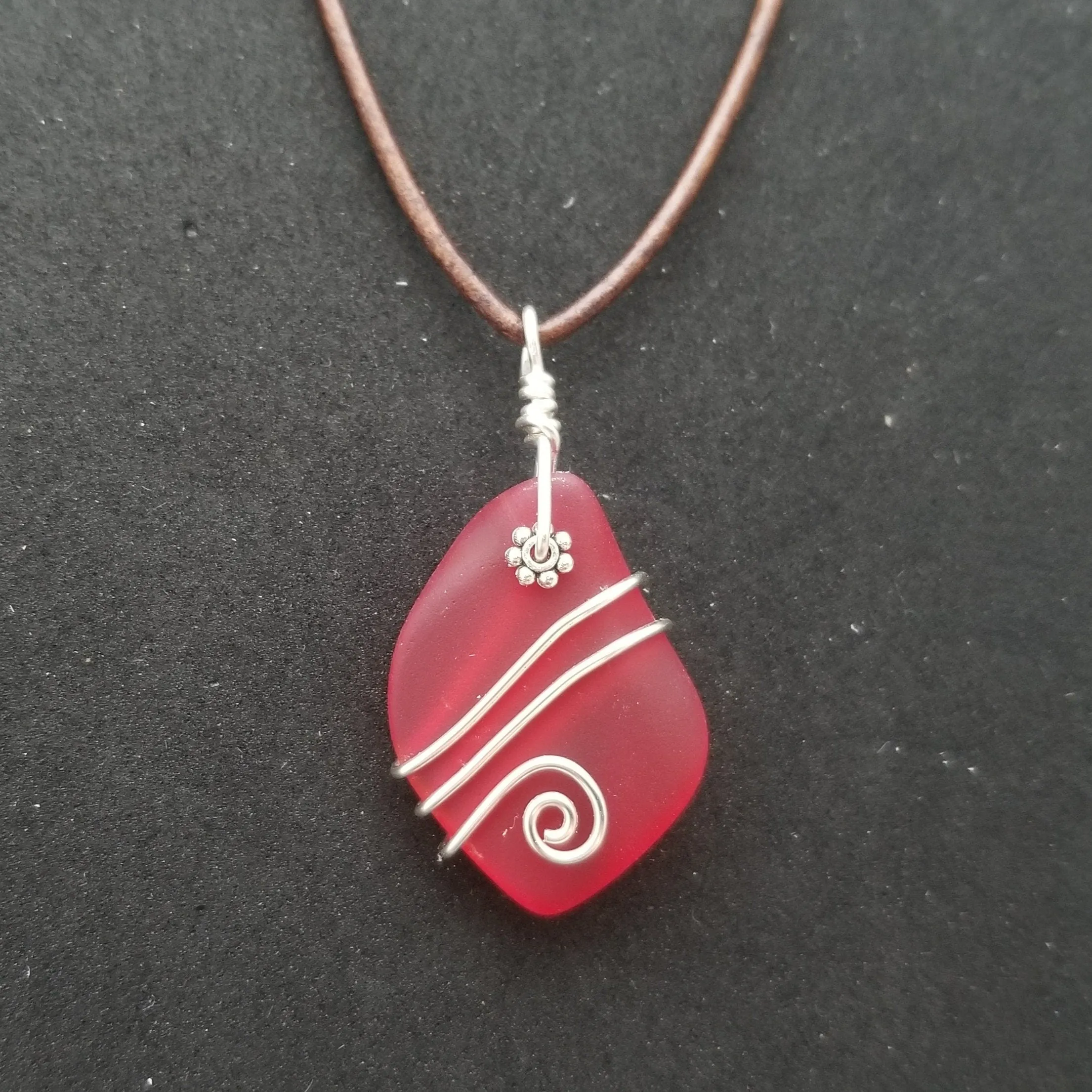 Hawaiian Jewelry Sea Glass Necklace, Wire Ruby Red Necklace Leather Cord Necklace, Beach Jewelry, Birthday Gift (July Birthstone Jewelry)