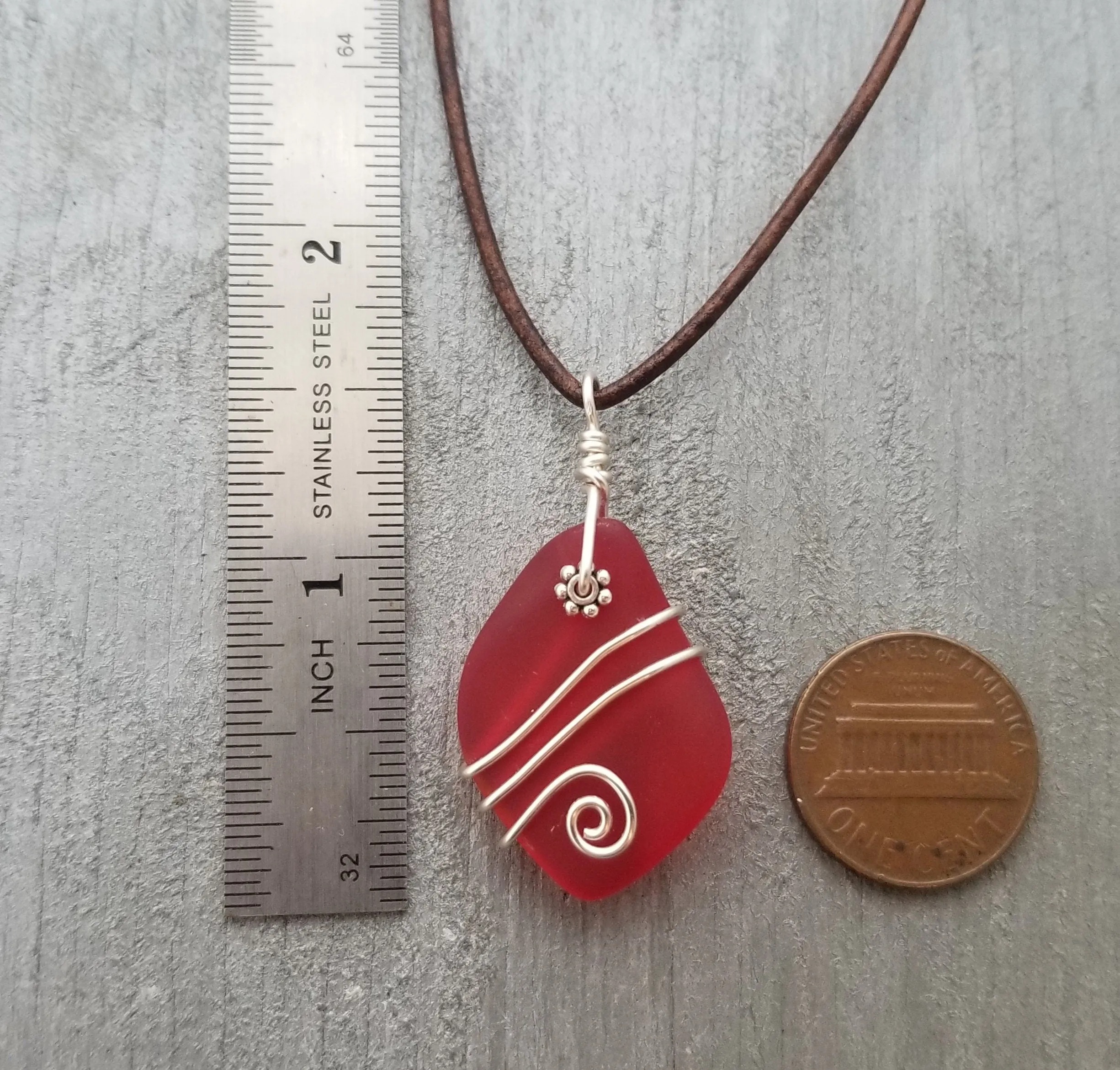 Hawaiian Jewelry Sea Glass Necklace, Wire Ruby Red Necklace Leather Cord Necklace, Beach Jewelry, Birthday Gift (July Birthstone Jewelry)