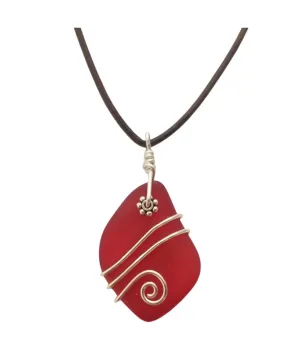 Hawaiian Jewelry Sea Glass Necklace, Wire Ruby Red Necklace Leather Cord Necklace, Beach Jewelry, Birthday Gift (July Birthstone Jewelry)