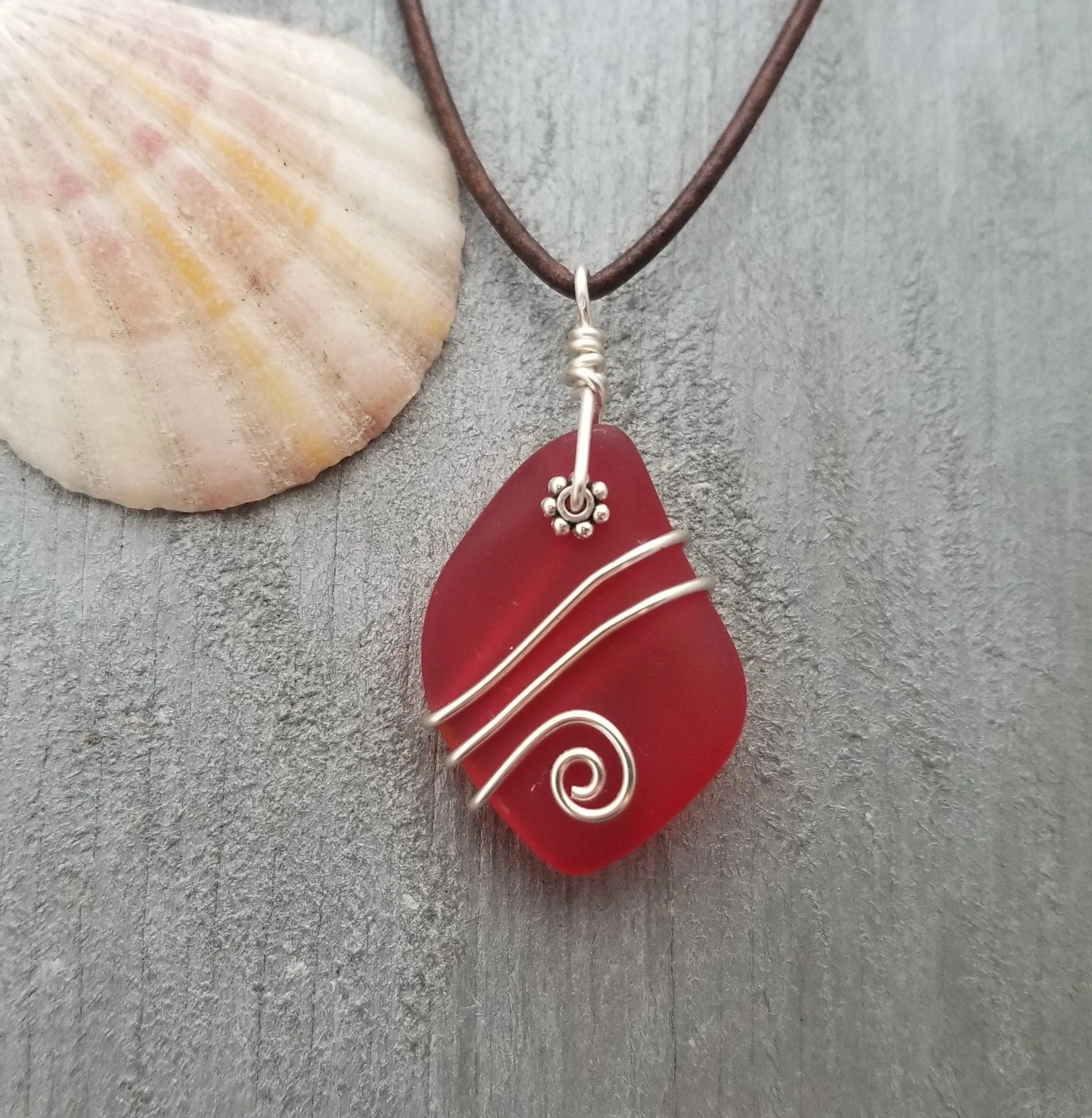 Hawaiian Jewelry Sea Glass Necklace, Wire Ruby Red Necklace Leather Cord Necklace, Beach Jewelry, Birthday Gift (July Birthstone Jewelry)