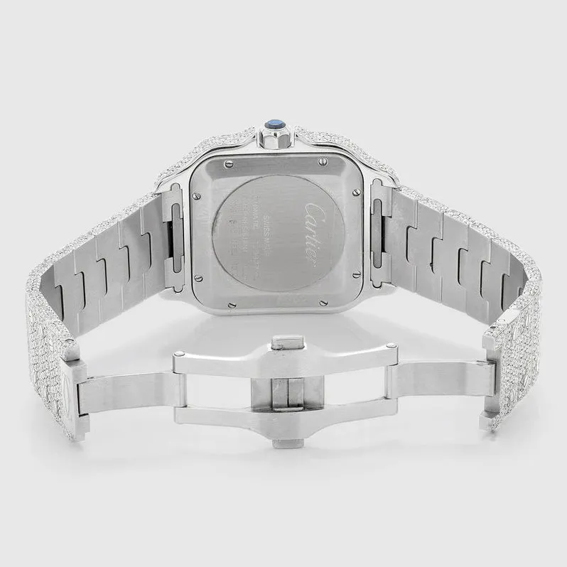 Iced Out Santos de Cartier 40mm Stainless Steel Red Dial Watch 23.5ct