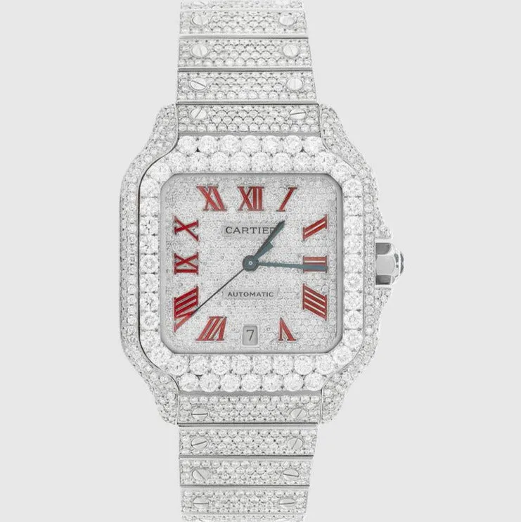 Iced Out Santos de Cartier 40mm Stainless Steel Red Dial Watch 23.5ct