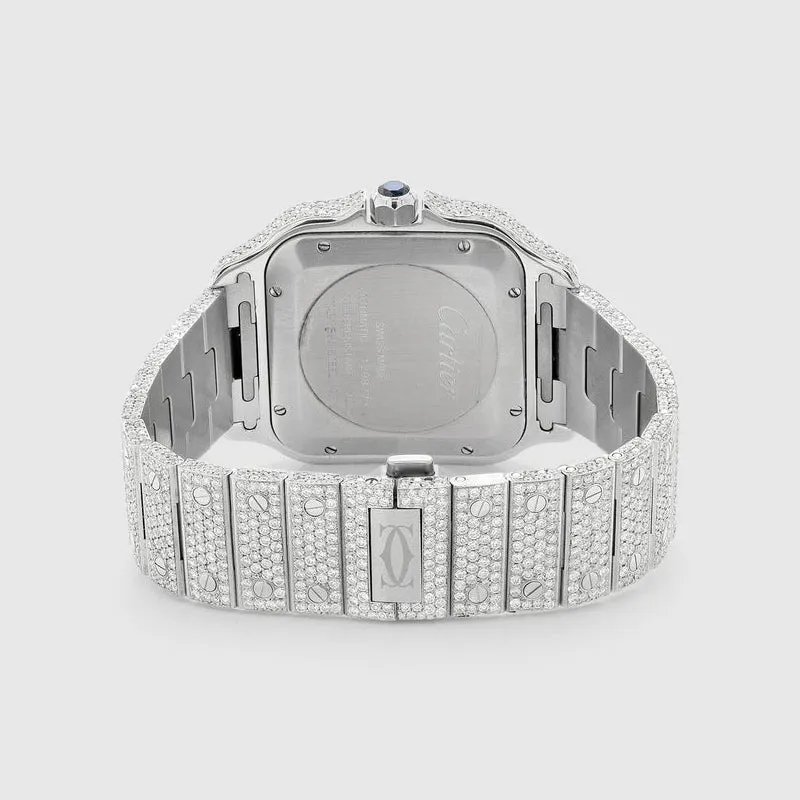 Iced Out Santos de Cartier 40mm Stainless Steel Red Dial Watch 23.5ct