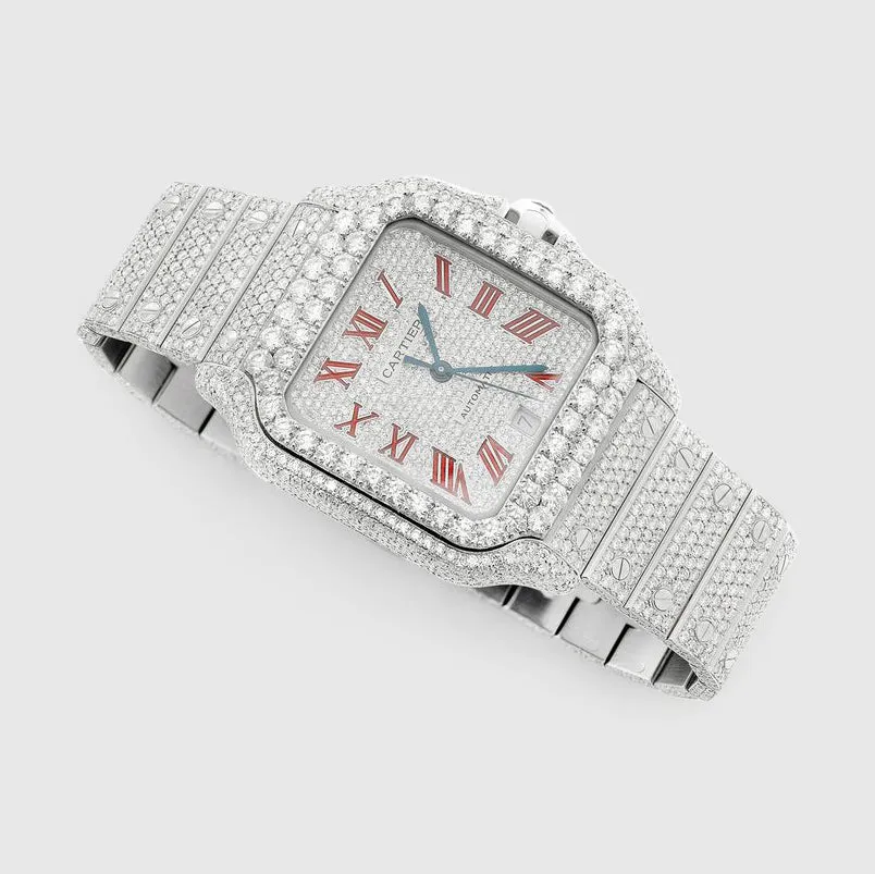 Iced Out Santos de Cartier 40mm Stainless Steel Red Dial Watch 23.5ct