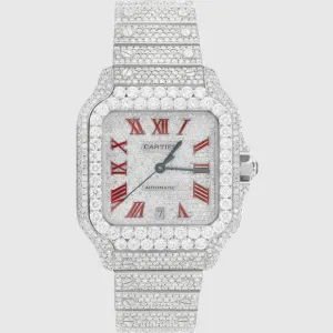 Iced Out Santos de Cartier 40mm Stainless Steel Red Dial Watch 23.5ct